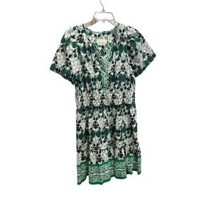 Anthropologie Green White Floral Smocked Waist V Neck Short Sleeve Midi Dress M